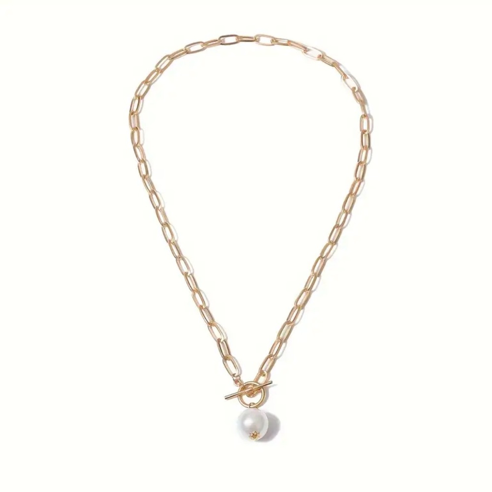 NEW FINAL PRICE ❤️‍🔥 GOLD PAPERCLIP CHAIN NECKLACE WITH PEARL PENDANT - Picture 2 of 6